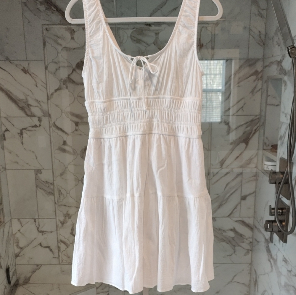 White Smocked Tie-Front Mini Dress